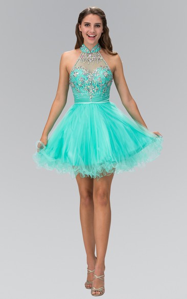 A-Line Short High Neck Sleeveless Tulle Straps Dress With Beading And Ruffles