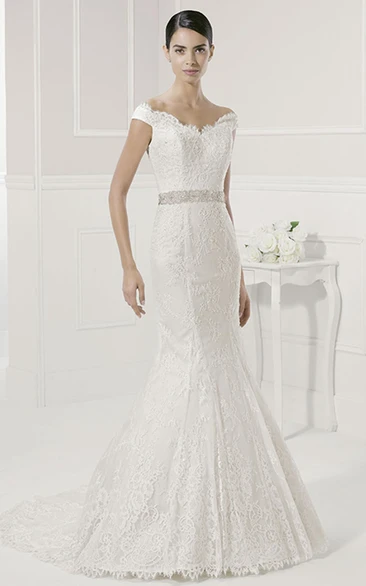 Scalloped Neck Off Shoulder Mermaid Lace Gown With Sash
