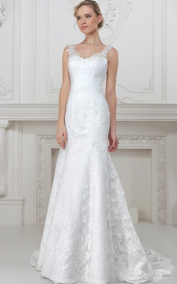 Sheath Floor-Length Appliqued Sleeveless V-Neck Lace Wedding Dress