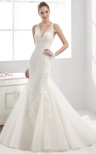 V-Neck Lace Mermaid Lace Gown With Illusive Lace And Brush Train