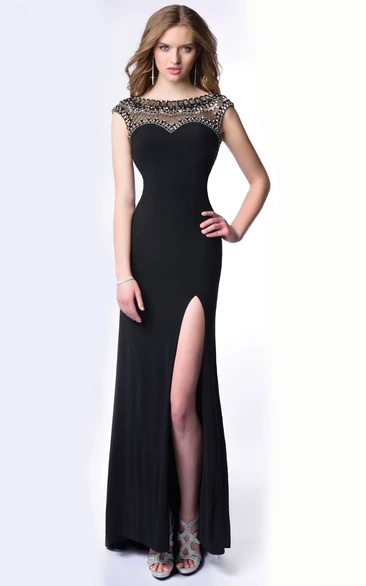 Cap Sleeve Beaded Top Jersey Homecoming Dress Featuring Side Slit