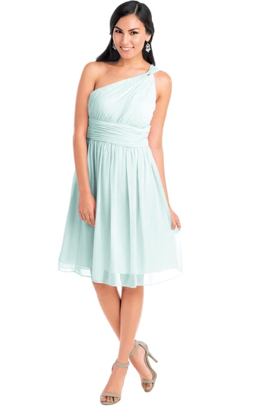 Knee-Length Sleeveless One-Shoulder Ruched Chiffon Muti-Color Convertible Bridesmaid Dress With Straps