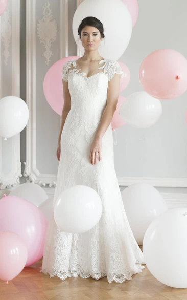 V-Neck Cap-Sleeve Lace Wedding Dress