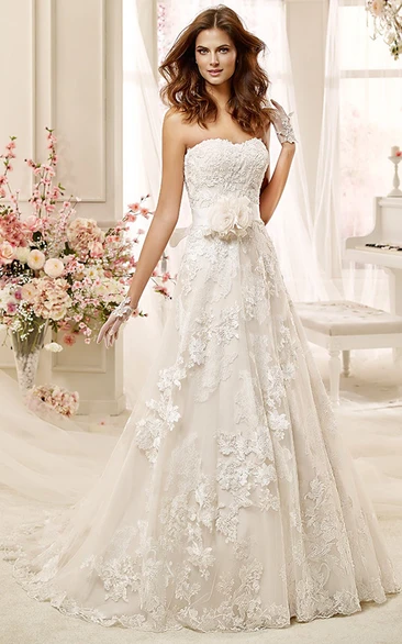 Strapless Lace-Applique Wedding Dress with Flowers and Back Bow