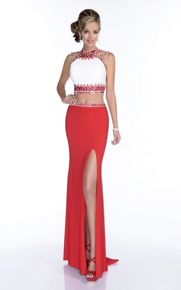 Side Slit Sleeveless Sheath Jersey Prom Dress With Rhinestones And Embroideries