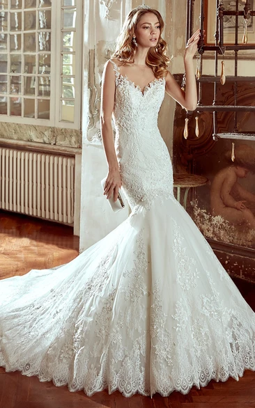 Strap-Neck Lace Wedding Dress with Mermaid Style and Illusive Back