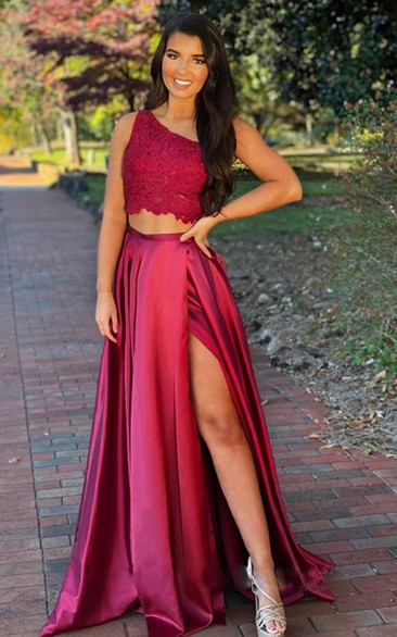 Satin Lace Sleeveless Two Piece One-shoulder Floor-length Prom Dress With Split Front