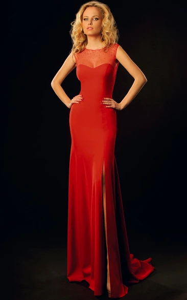 Sheath Sleeveless Maxi Scoop Split-Front Jersey Prom Dress With Illusion Back And Beading