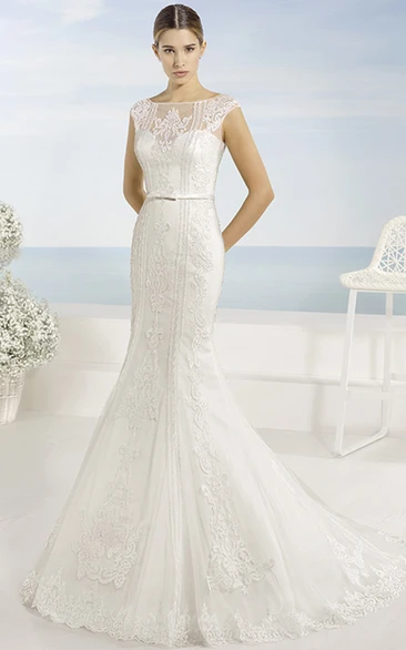 Trumpet Appliqued Long Bateau Cap-Sleeve Lace Wedding Dress With Court Train And Illusion Back