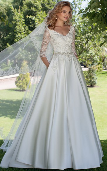 A-Line V-Neck Appliqued 3-4 Sleeve Satin Wedding Dress
