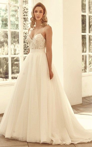 V-Neck Long Beaded Tulle Wedding Dress With Court Train And V Back