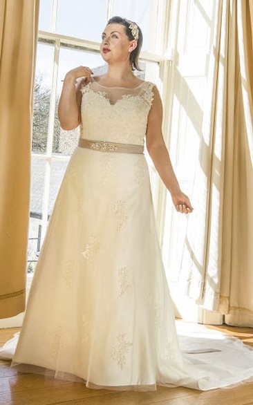 Jewel Neck Tulle Bridal Gown With Lace Up And Crystal Satin Sash