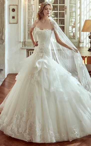 Strapless Long Wedding Dress with Lace Corset and Multi-Tiers Ruffles