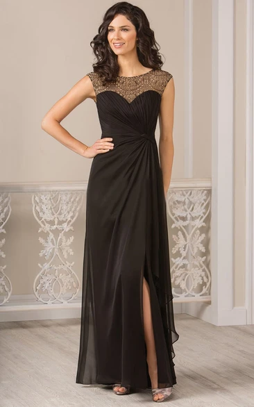 Cap-Sleeved Long Gown With Ruffles And Front Slit
