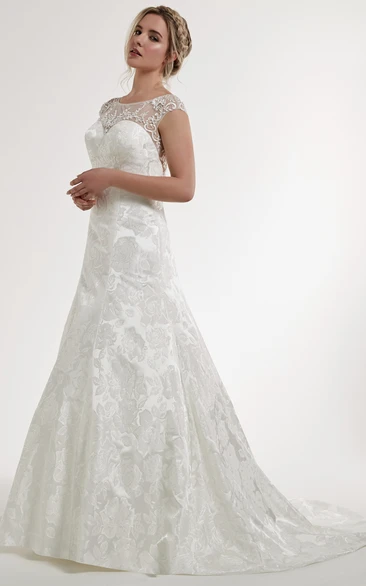 A-Line Embroidered Scoop Floor-Length Cap-Sleeve Satin Wedding Dress With Illusion Back And Appliques