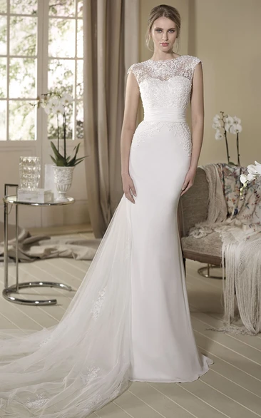 Sheath Jewel-Neck Appliqued Cap-Sleeve Long Tulle Wedding Dress