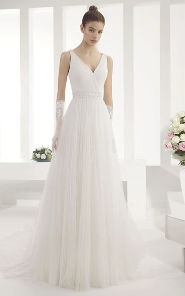 V Neck A-Line Pleated Tulle Gown With Criss Cross Bodice