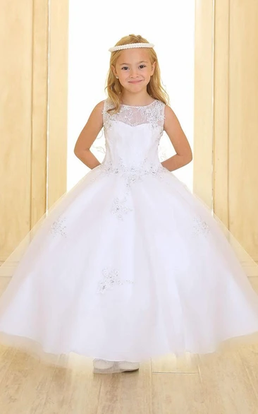 Beaded Tiered Tulle&Lace Flower Girl Dress With Illusion