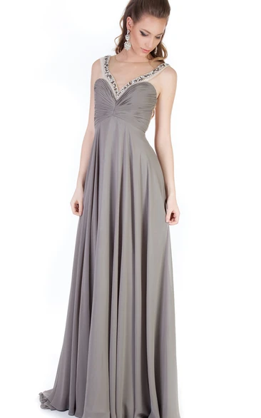 Empire Floor-Length Jewel-Neck Sleeveless Ruched Chiffon Evening Dress With Beading And Pleats