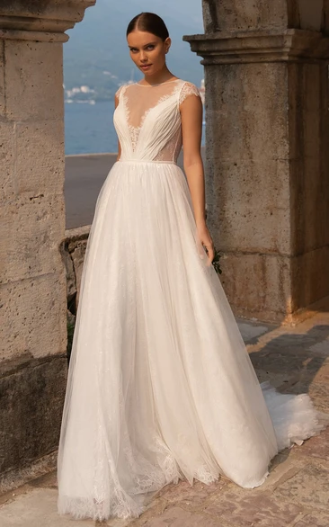 Bohemian A Line Bateau Neck Tulle Wedding Gown with Ruching