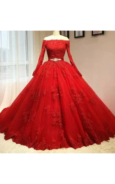 Long Sleeve Ball Gown Off-the-shoulder Floor-length Lace Tulle Prom Dress with Appliques and Sash