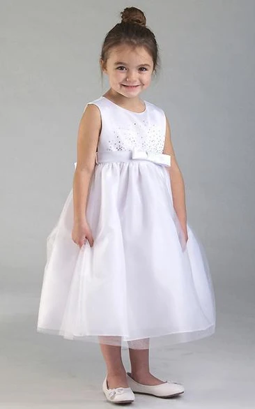 Tea-Length Tiered Bowed Tulle&Sequins Flower Girl Dress With Appliques