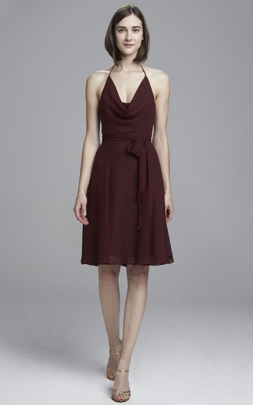 Sleeveless Cowl-Neck Knee-Length Chiffon Bridesmaid Dress With Bow And Backless Design