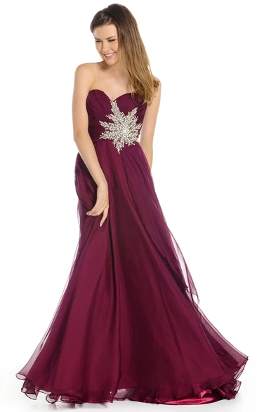 A-Line Crystal Sweetheart Maxi Sleeveless Chiffon Prom Dress With Zipper Back And Ruching