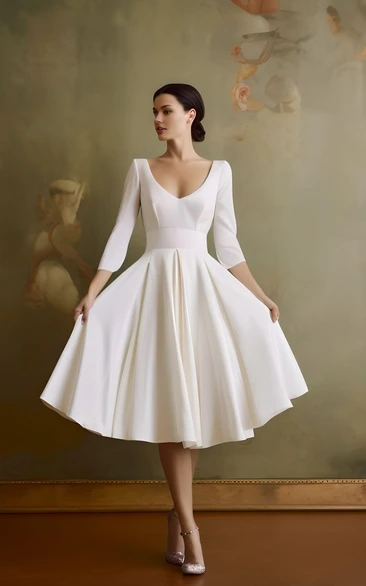 Vintage A-Line Satin Wedding Dress V-neck Knee-length Simple Elegant Garden Beach 2023 Women