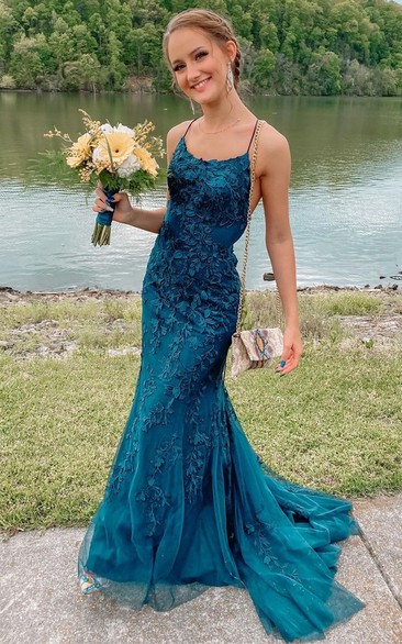 Sexy Mermaid Spaghetti Tulle Sweep Train Formal Dress with Appliques
