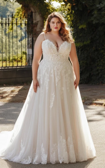 A-Line Lace Tulle Wedding Dress Plus Size Spaghetti Simple Elegant