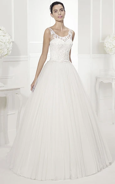 Scoop Neck Sleeveless Tulle Ball Gown With Appliqued Bodice