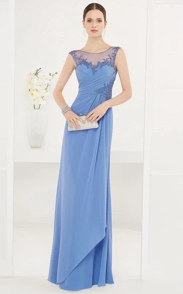 Scoop Neck Side Drape Chiffon Long Prom Dress With Appliques And Open Back