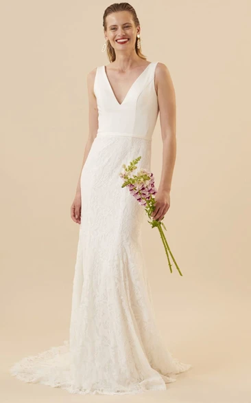 Modern Sheath Sleeveless Floor-length Lace Low-V Back Wedding Dress