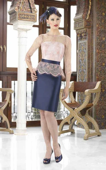 Pencil Short Lace 3-4 Sleeve Jewel Neck Satin Mother Of The Bride Dress