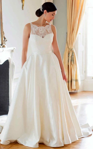 A-Line Sleeveless Long Bateau-Neck Satin&Lace Wedding Dress