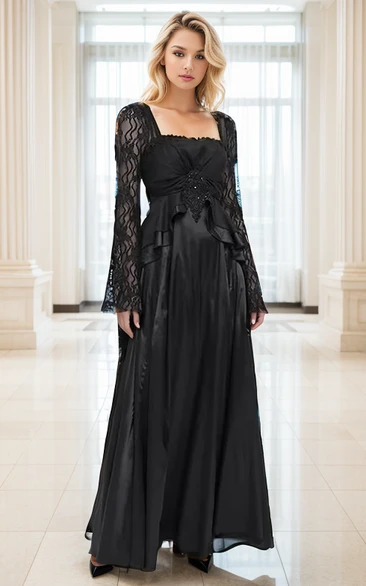 Modest Sheath Floor-length Black Wedding Dress Simple Square Neckline Beading Winter Gown