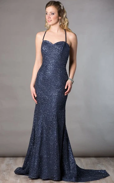 Spaghetti Straps Sheath Sequin Long Mother Of The Bride Dress With Back Criss Cross Straps