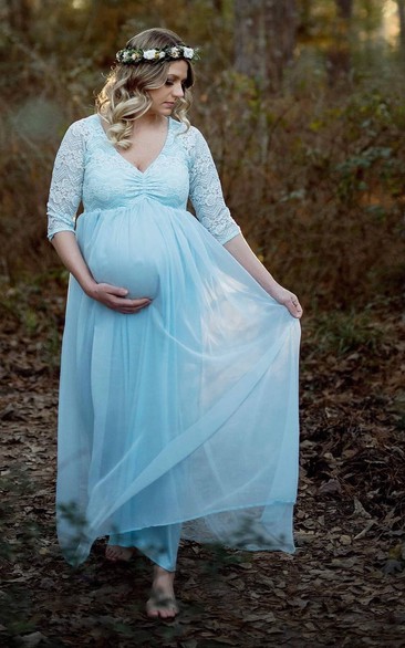 A-line Chiffon Lace V-neck Half Sleeve Ruched Maternity Wedding Dress