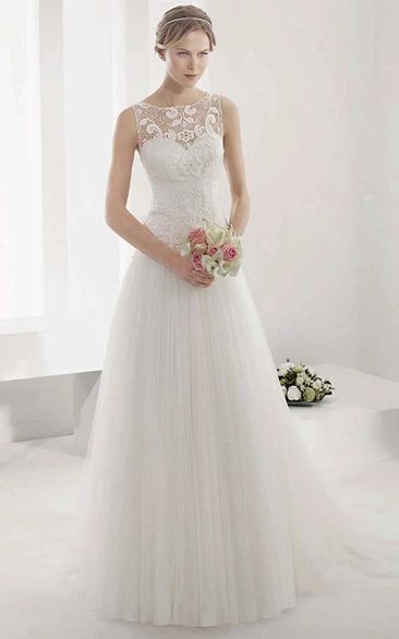 Bateau A-Line Pleated Tulle Ball Gown With Embroidered Bodice