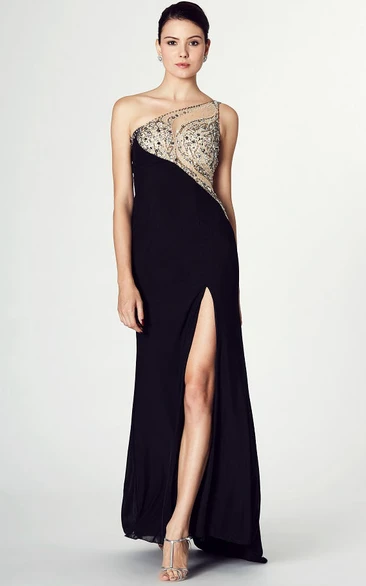 Sheath One-Shoulder Split-Front Sleeveless Jersey Prom Dress