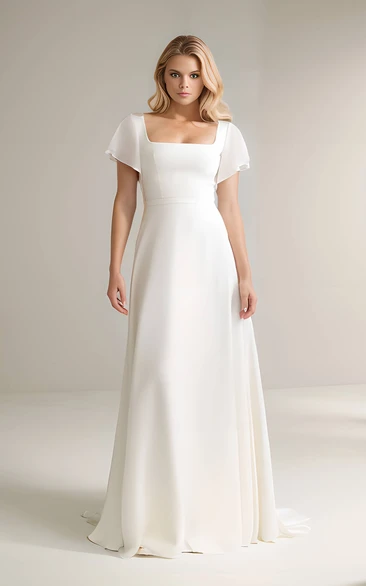 Simple Country A-Line Floor Length Wedding Dress Modest Casual Zipper Back Short Bell Sleeves Gown