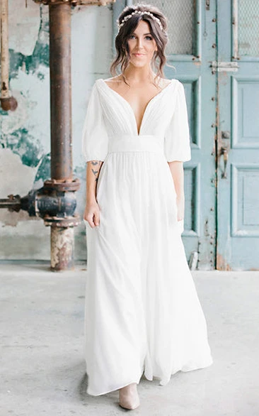 Bohemian Plunging Neckline A-Line Chiffon Wedding Dress With Low-V Back And Ruching