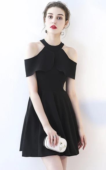 Simple Little Black Dress With Cap Sleeves And Halter Neckline