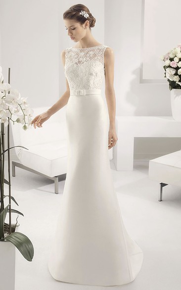 Bateau Neck Sheath Bridal Gown With Appliqued Top And Satin Skirt