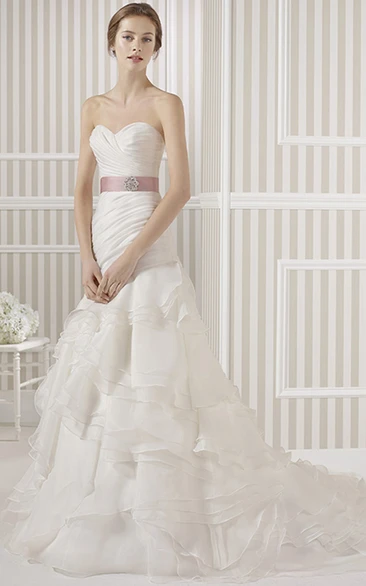 A-Line Sweetheart Long Organza Wedding Dress With Criss Cross And Tiers