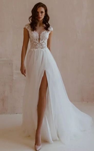 Sexy A Line V-neck Lace Tulle Floor-length Short Sleeve Wedding Dress with Split Front