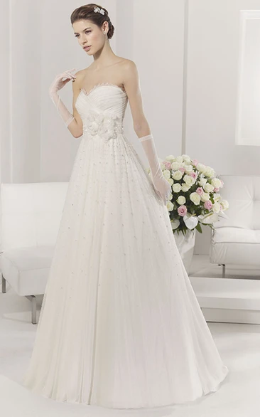 Sweetheart Empire A-line Floor Length Dress With Pearls And Flowers