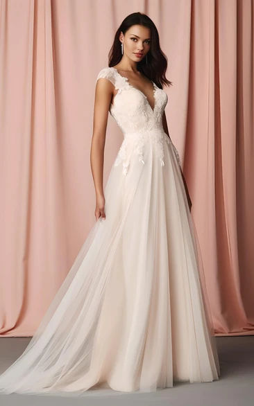Romantic A-Line Lace Tulle Wedding Dress V-neck Garden Sweep Train
