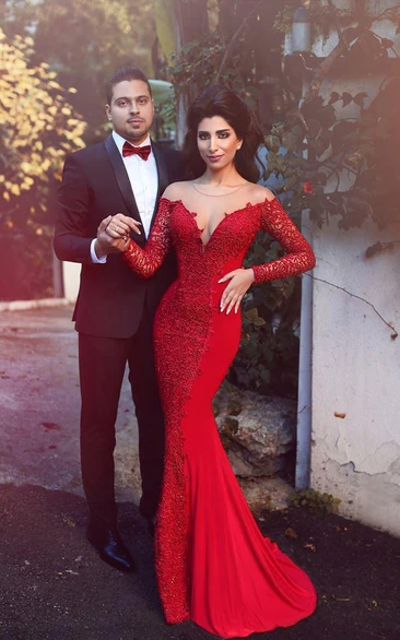 Sexy Red Long Sleeve Lace Evening Dress Mermaid Zipper Button Back
